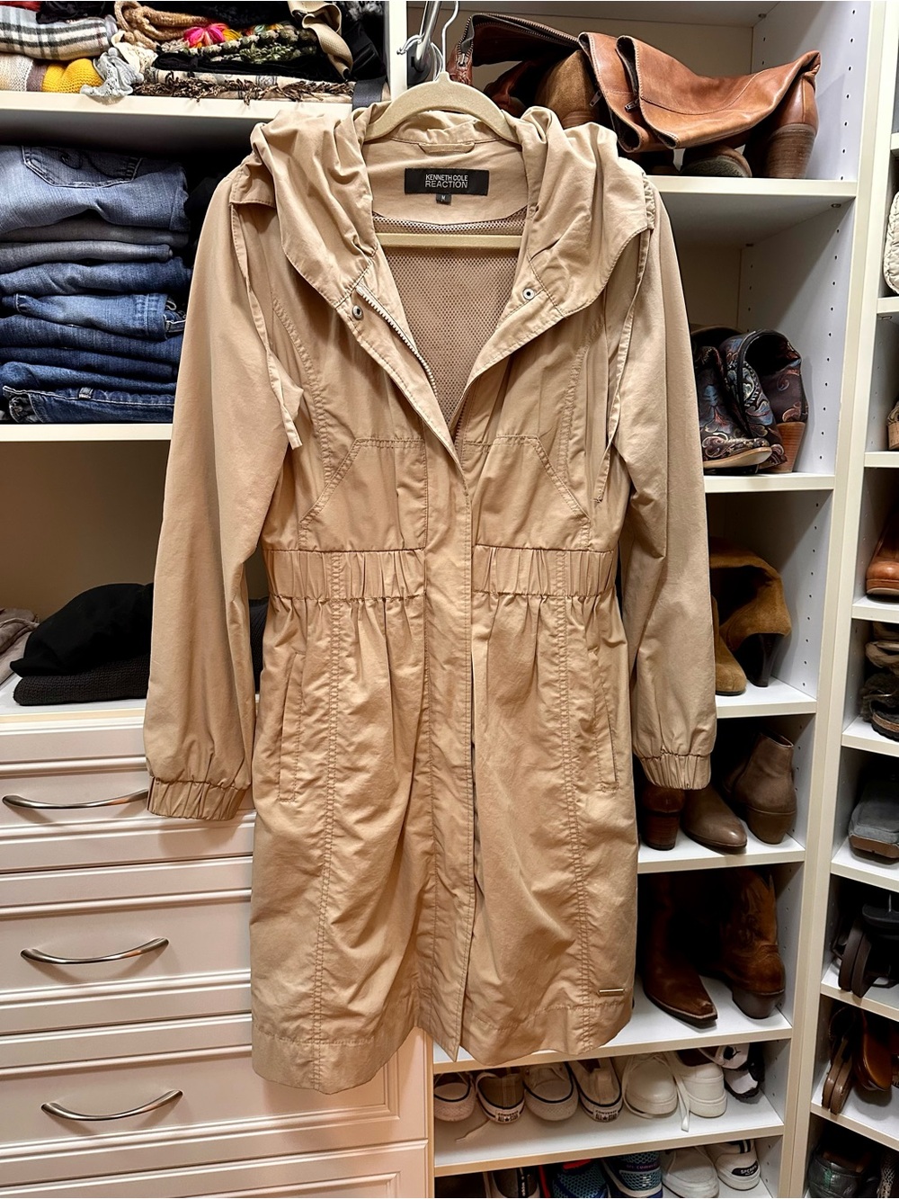 Vintage Kenneth Cole Lightweight Beige Hooded Trench Anorak Sz M
